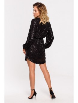 Sukienka mini z cekinami i dekoltem kopertowym - czarna - EU XL