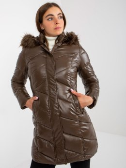 Ciemnobrązowa lakierowana kurtka zimowa z pikowaniem